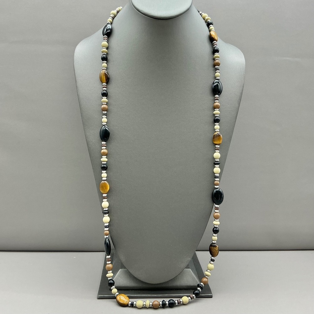 Chaps Necklace‎ Women Silver Tone Black Brown Tiger Eye Beaded Long Strand 28"